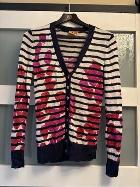 Tory Burch Floral Stripe Cardigan XS Linen Blend Gold Logo Buttons